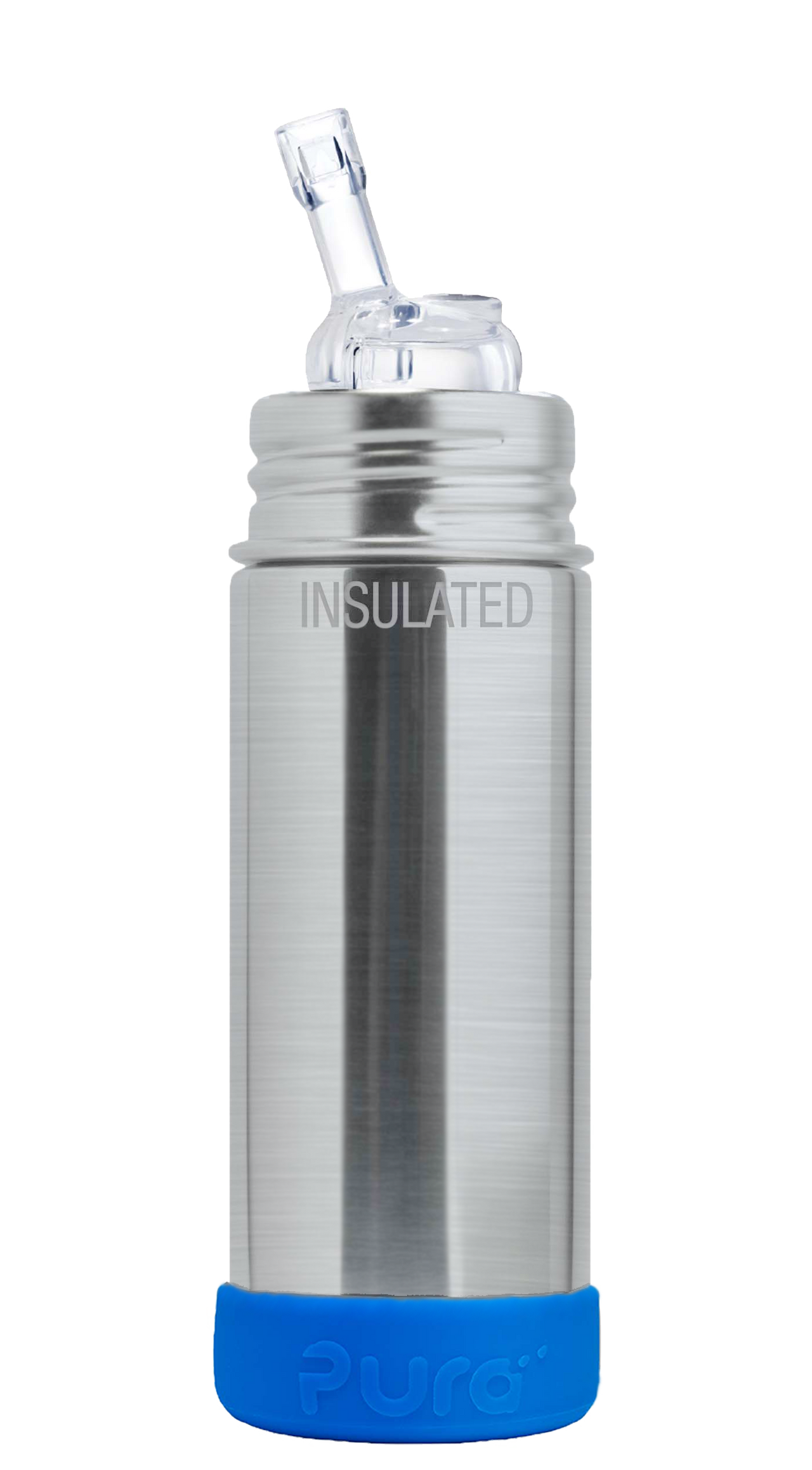 Pura Stainless Natural Stainless Steel Kiki™ 9oz Insulated Straw Bottle with Blue bumper