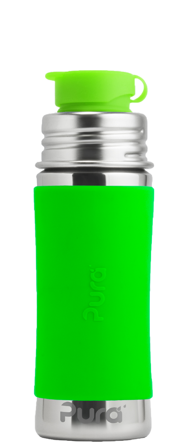 Pura Stainless Sport Mini™ 11oz Bottle with green silicone sleeve