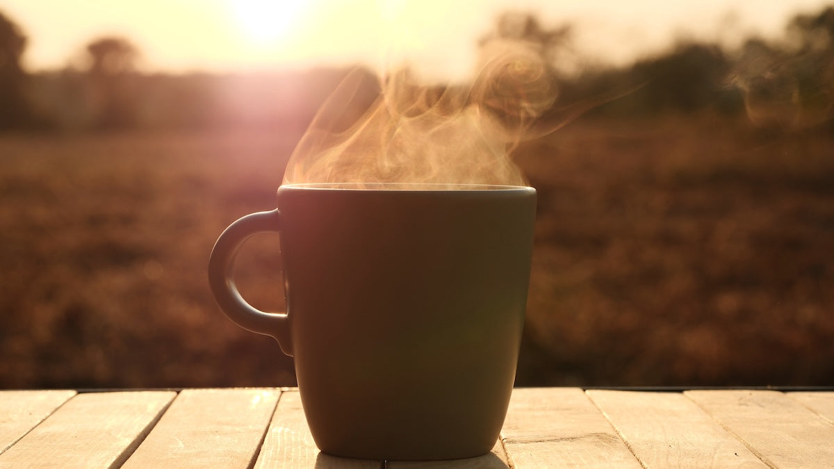 Image of a warm coffee cup outside. 