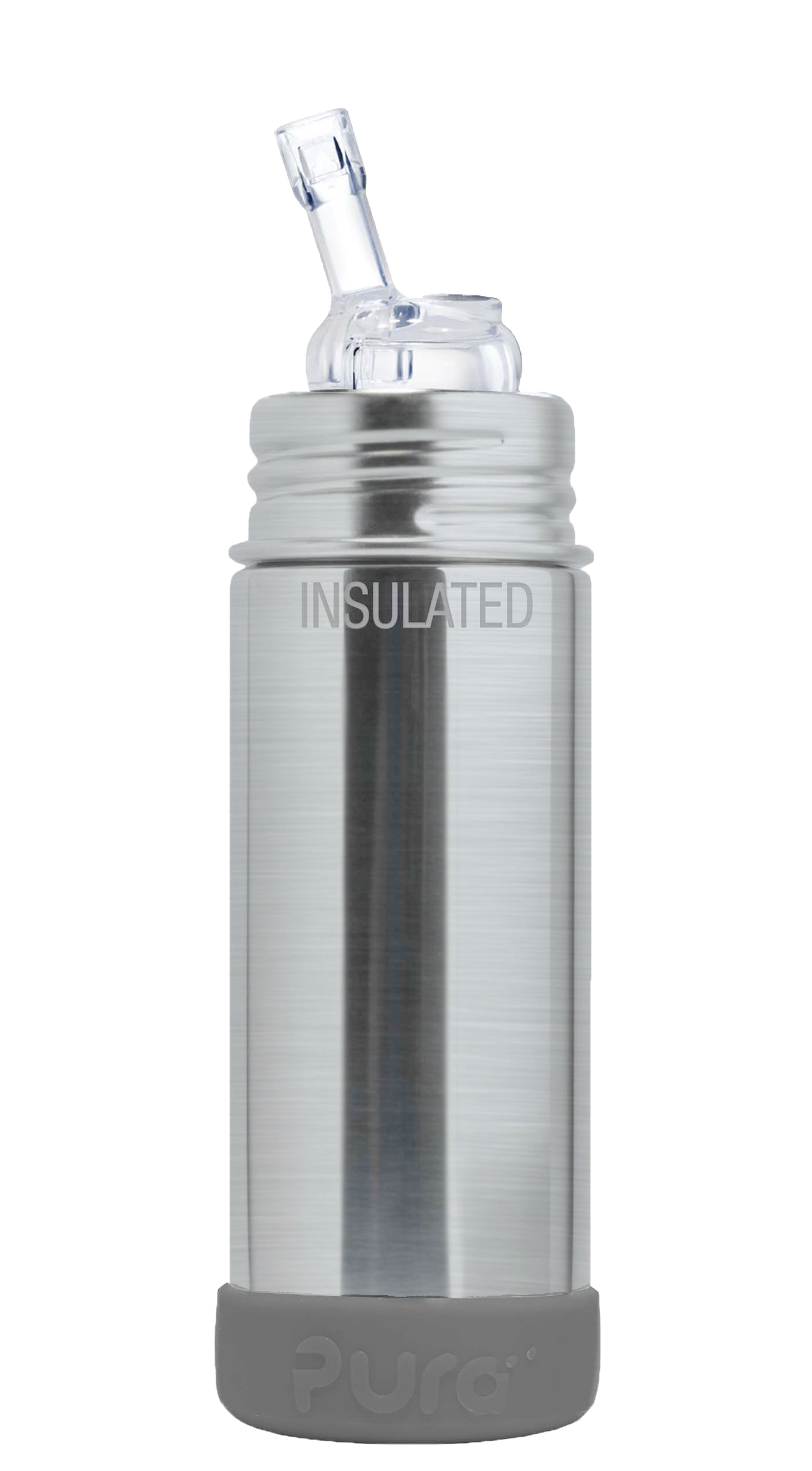 Pura Stainless natural stainless Kiki™ 9oz Insulated Straw Bottle with slate gray bumper 
