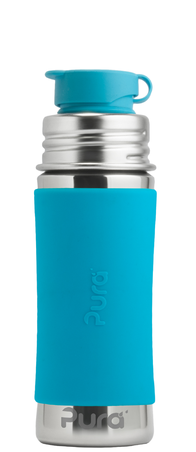 Pura Stainless Sport Mini™ 11oz Bottle with aqua swirl silicone sleeve